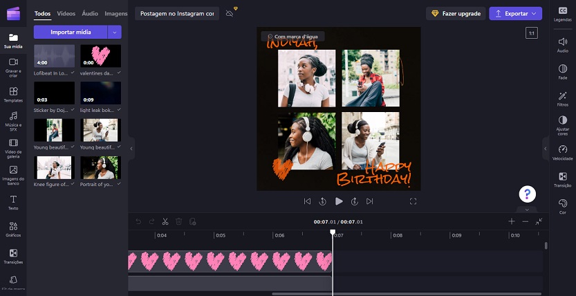 Tela principal do aplicativo Clipchamp, editor de vídeo
