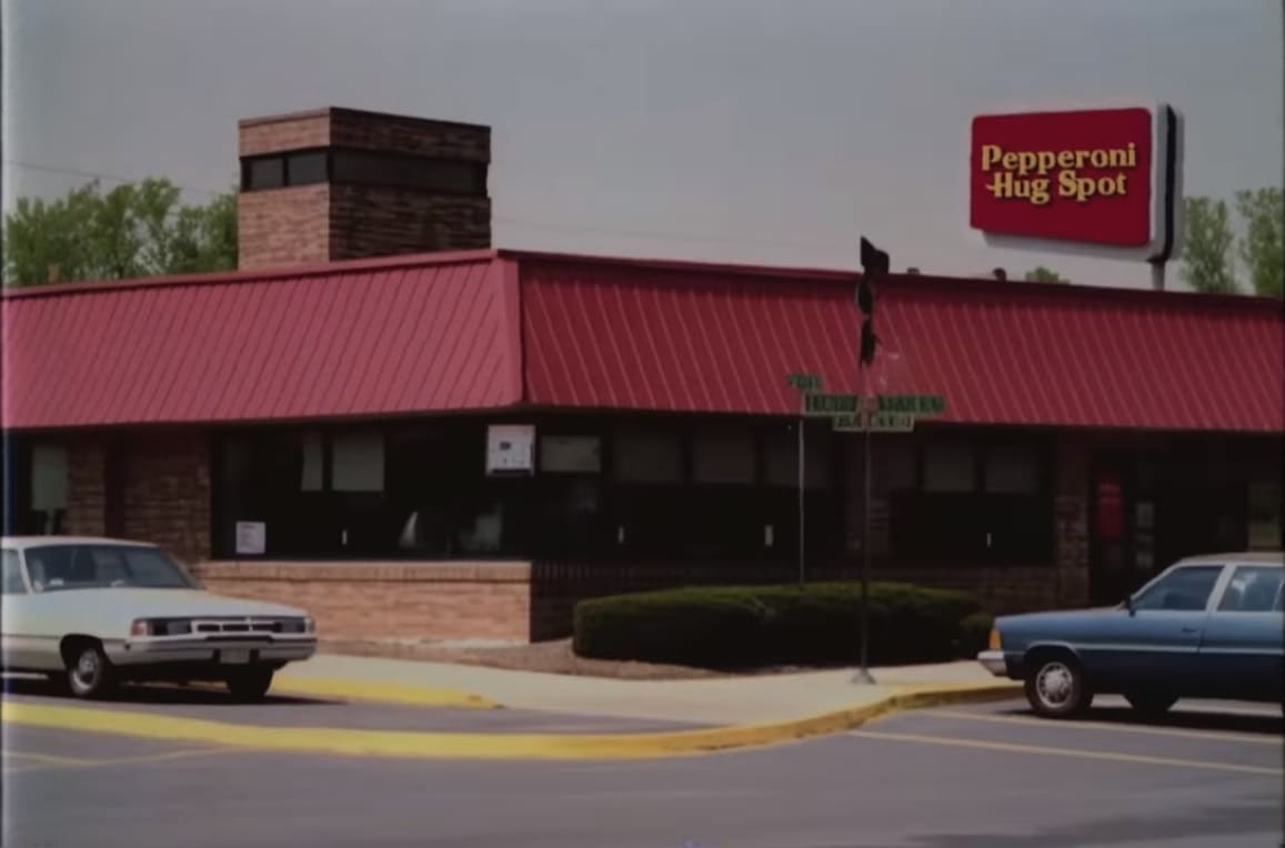 Imagem de fachada na cor vermelha de uma pizzaria criada por uma inteligência artificial. No estacionamento, dois carros antigos.