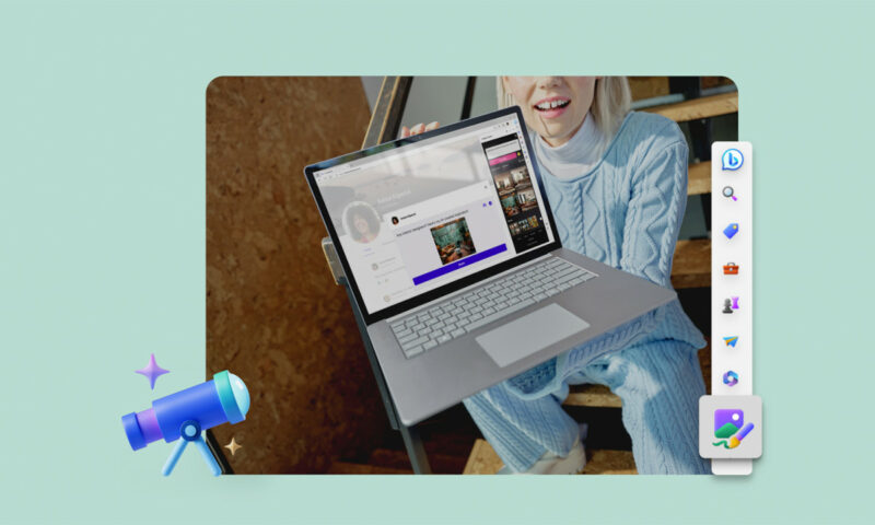 Imagem de divulgação da Microsoft mostrando uma mulher segurando um notebook aberto e na tela o navegador Edge com a função de criador de imagens por IA