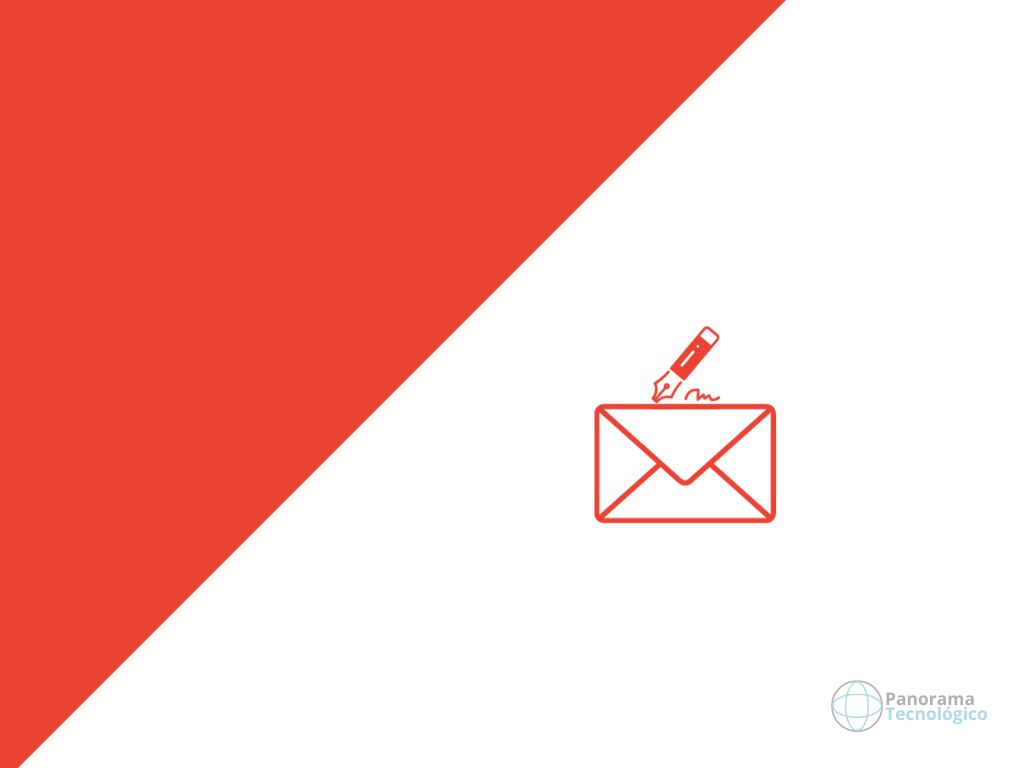 Arte de um plano de fundo em duas cores: branco e vermelho. Ao lado um ícone de uma caneta e uma carta, simbolizando assinatura de e-mail