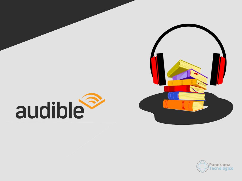 Banner divulgação do serviço Amazon Audible, o serviço de audiolivros da Amazon. No banner, um fone cobrindo uma pilha de livros coloridos e o logotipo do serviço