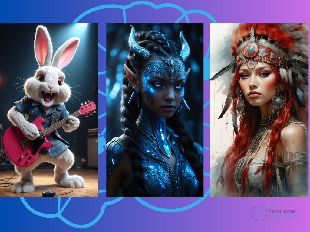 3 imagens, sendo uma de um coelho tocando guitarra, a outra de uma mulher com chifres e vestimenta em tons de azul no estilo do filme Avatar e outra mulher de pele clara e vestimenta de índia combatente, sobrepostas a um fundo gradiente