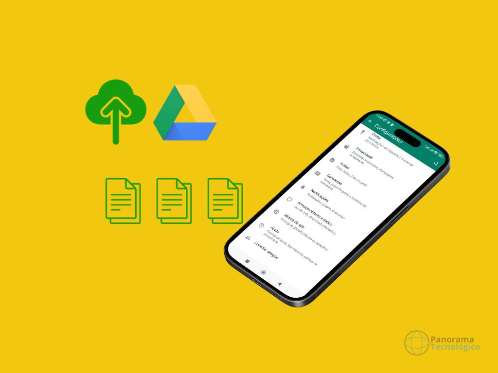 Vetor de um smartphone com o aplicativo do WhatsApp e ícones de documentos encaminhando em direção a um ícone de nuvem com seta, representando upload de backup.