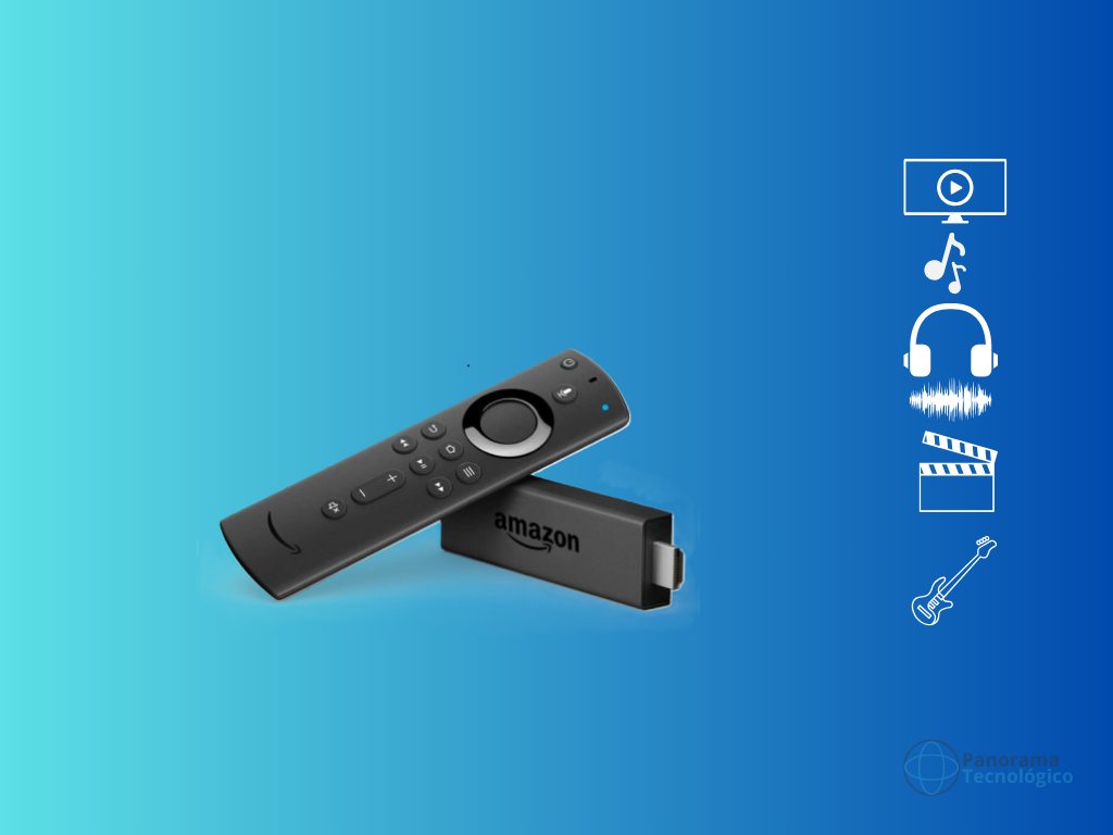 Amazon Fire Stick TV em um vetor com fundo azul gradiente com branco e ícones de mídia na cor branca.