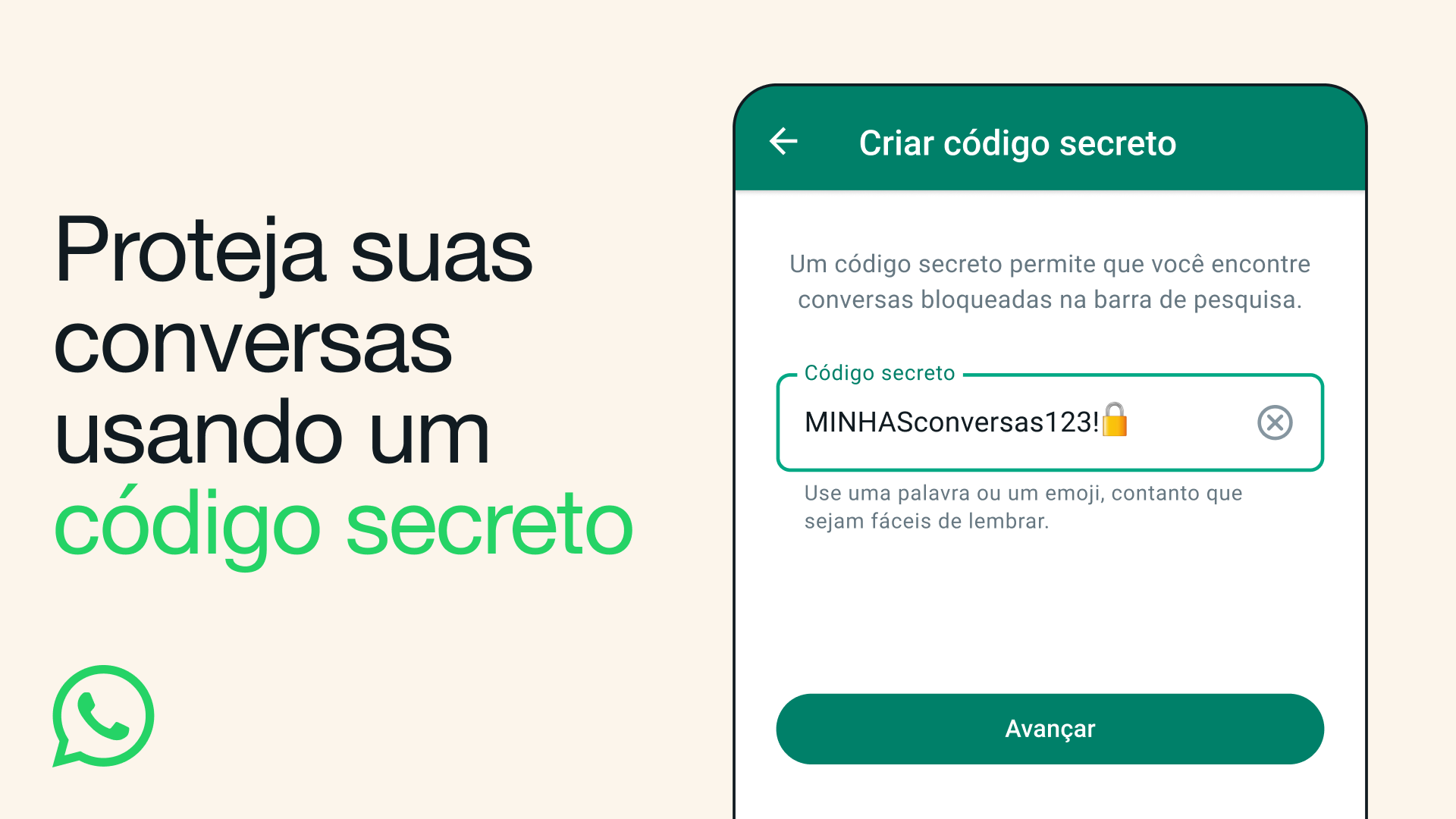 Imagem de divulgação do WhatsApp sobre nova funcionalidade de bloqueio de conversas com senha, código secreto. Créditos: imagem divulgação WhatsApp