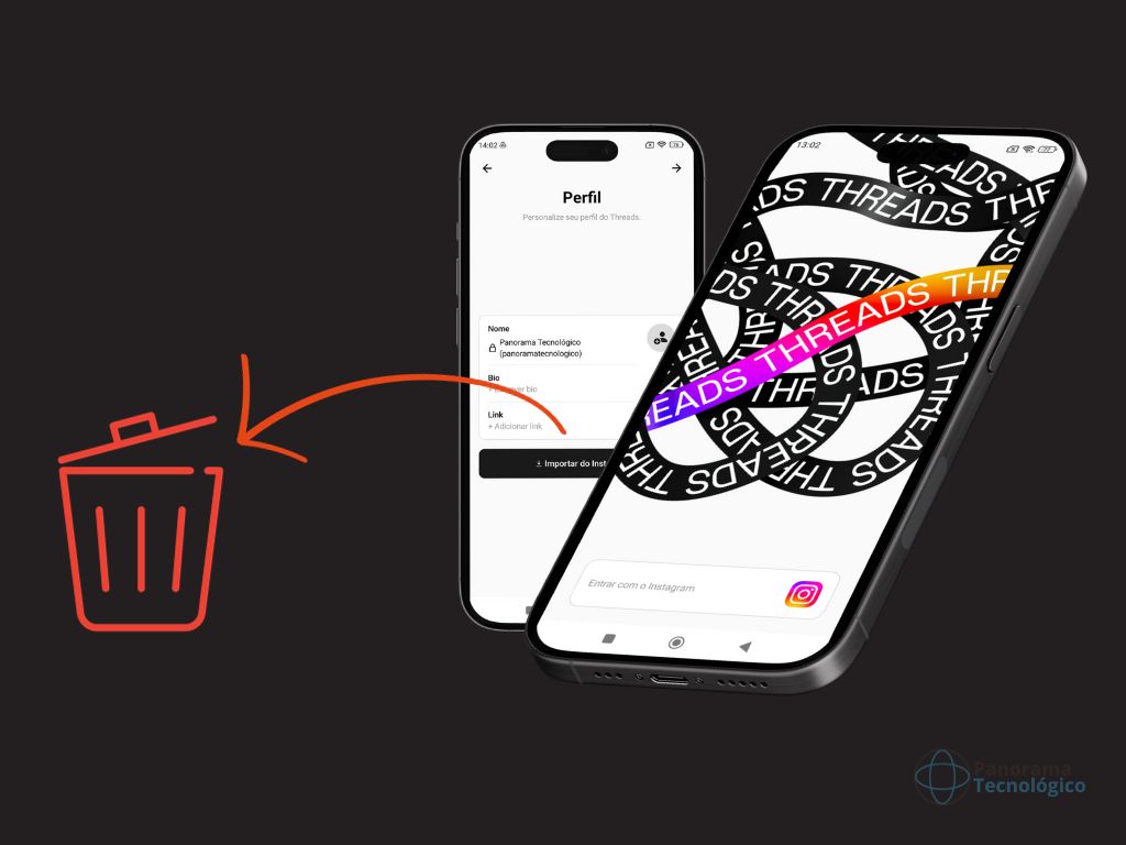 A imagem mostra dois smartphones mostrando na sua tela vetores do aplicativo Threads do Instagram, além do ícone de uma lixeira e uma seta apontando para ela, simbolizando que agora o aplicativo permitirá apagar o seu perfil mantendo o perfil do Instagram
