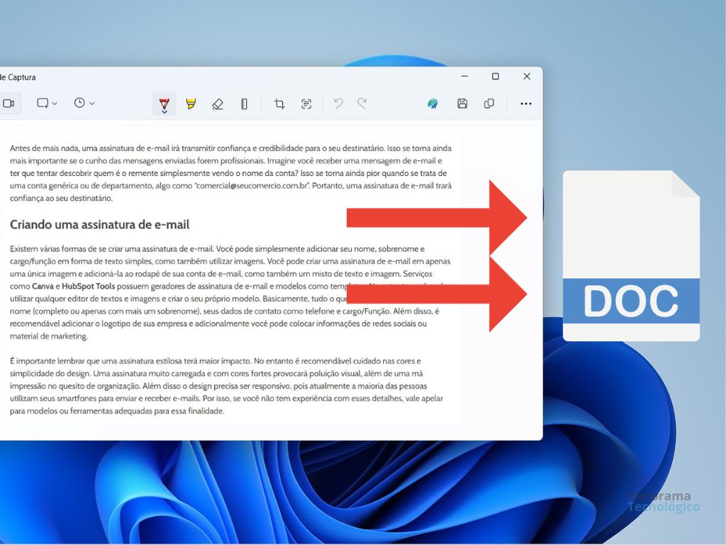 Print da tela do aplicativo Ferramenta de Captura do Windows 11 com um arquivo de imagem de texto aberto e duas setas vermelhas apontando para um ícone de documento, simbolizando a extração de texto de imagem para um arquivo.