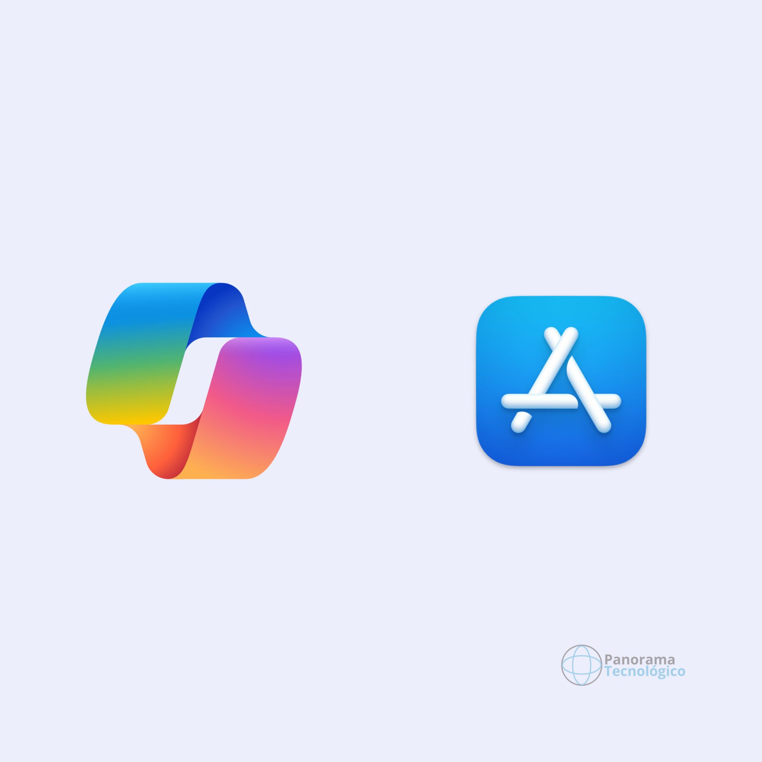 Plano de fundo na cor branco gelo com os logotipos do Microsoft Copilot e da App Store.