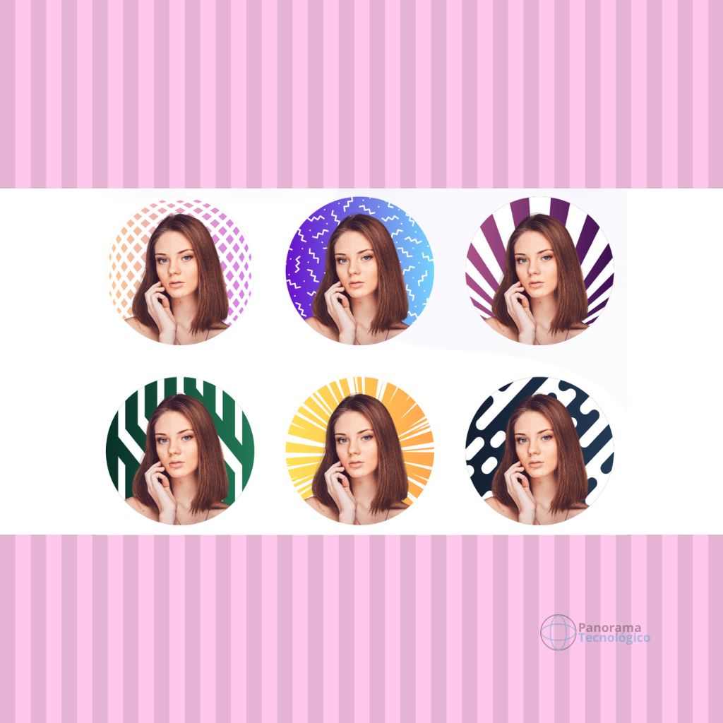 Fotos arredondadas de uma garota como foto de perfil de redes sociais com um fundo rosa riscado