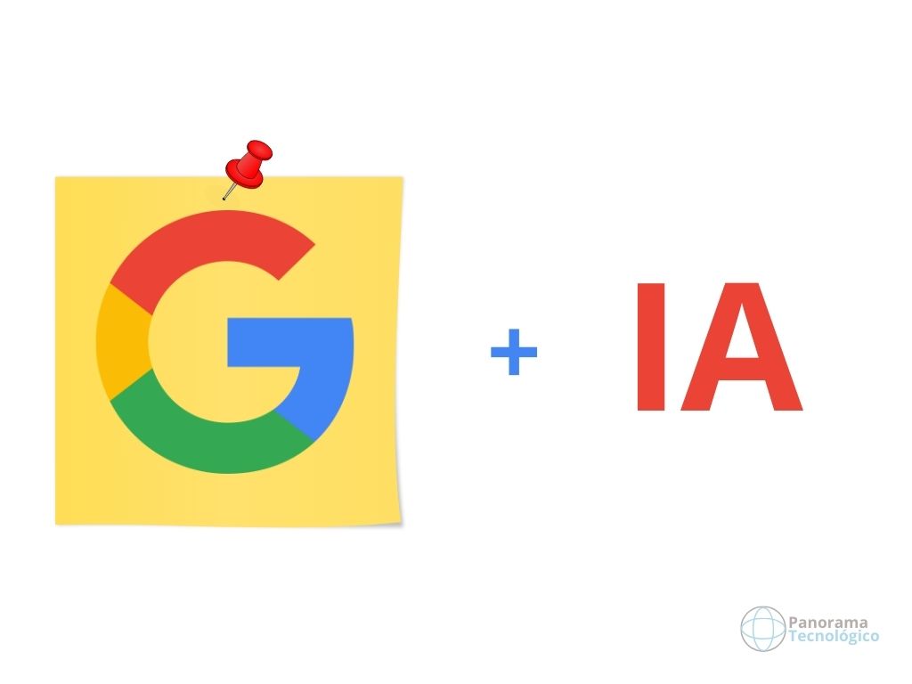 Vetor com o logotipo do Google, bloco de anotações e a sigla IA, referenciando aplicativo de anotações com Inteligência Artificial