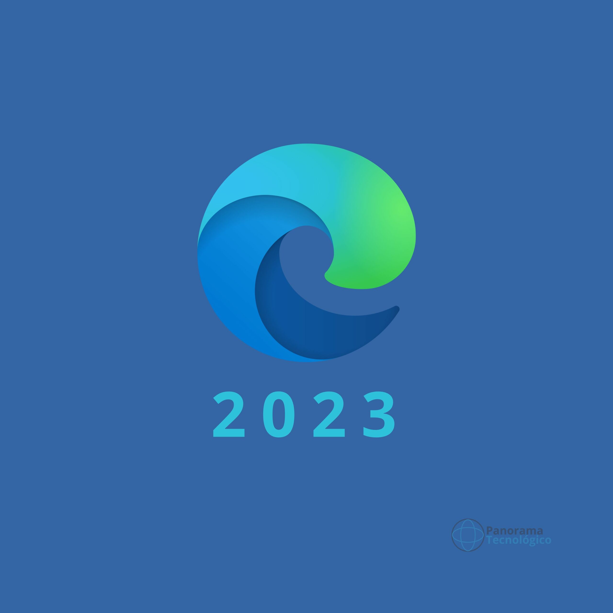 Fundo azul com o logotipo do Microsoft Edge e o ano 2023 abaixo do logo.