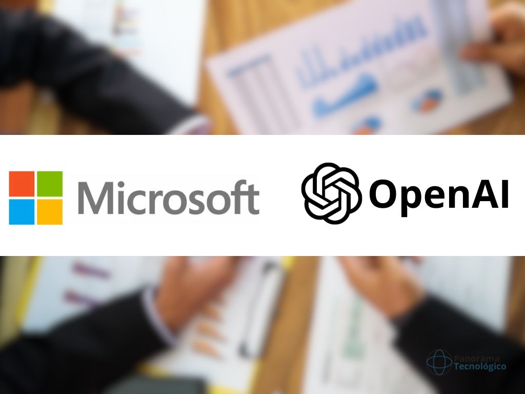 Imagem desfocada de uma mesa de escritório com pessoas analisando relatórios e uma faixa branca com as logos da Microsoft e OpenAI