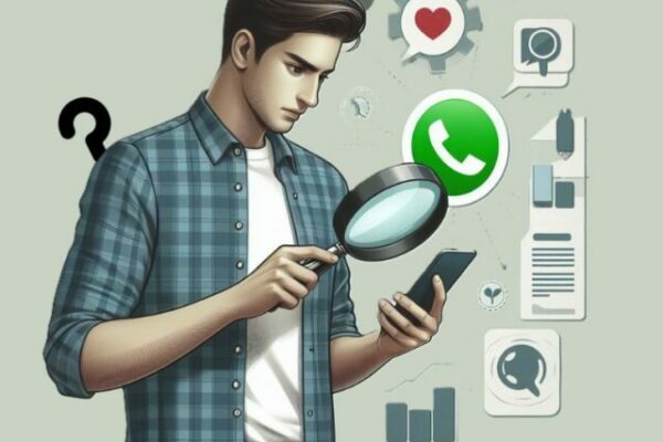 Imagem arte desenho de um homem com uma lupa apontando para a tela de um smartphone e ícones flutuando em volta.