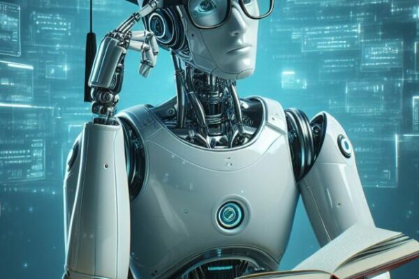 Robô humanoide acadêmico pensando com o dedo na cabeça, sentado em uma mesa cheia de livros. Imagem criada com Inteligência Artificial