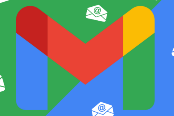 Ilustração com o logotipo do Gmail e ícones de cartas flutuando em um plano de fundo nas cores azul e verde.