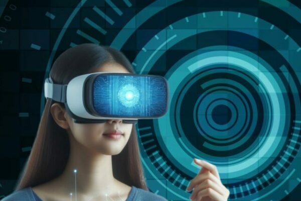 Mulher futurista usando óculos de realidade virtual com efeitos futurísticos de raios em tons azuis em um plano escuro.