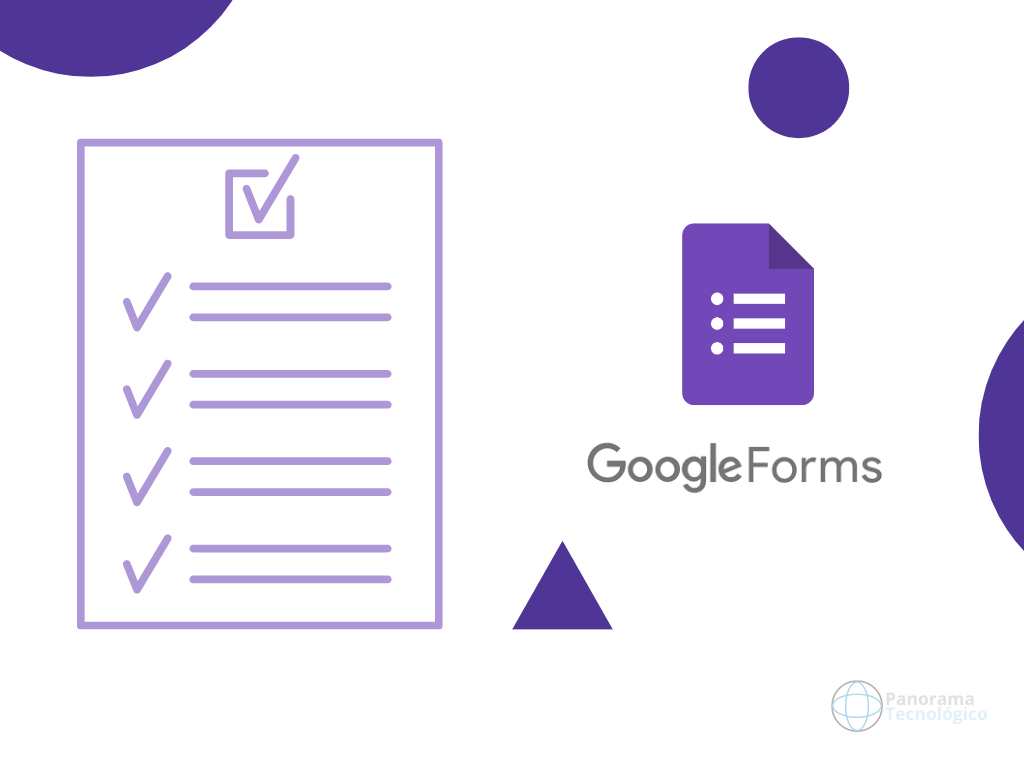 Ilustração com ícones de formulário, triângulo, círculo e logo do Google Forms. Imagem ilustração: Panorama Tecnológico