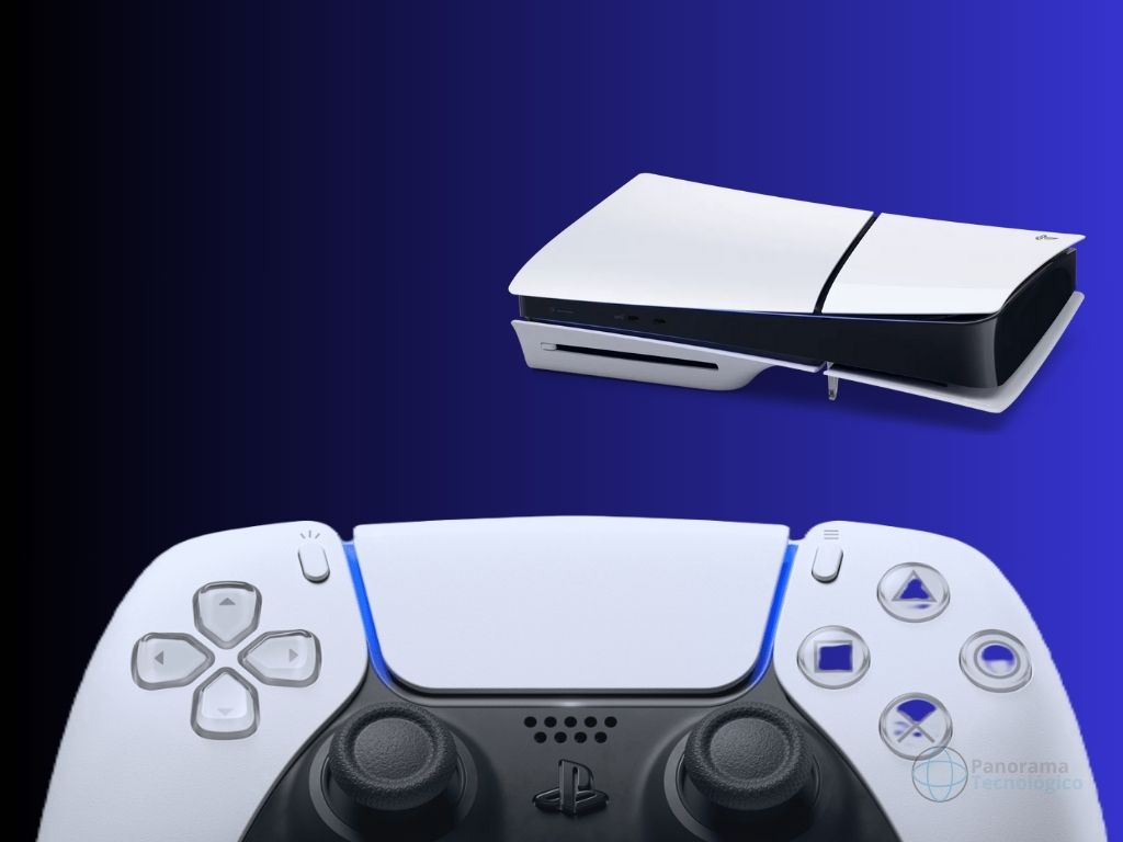 Ilustração Playstation 5 (PS5) com fundo degradê e imagem do console e controle Dualsense. Imagem ilustração: Panorama Tecnológico