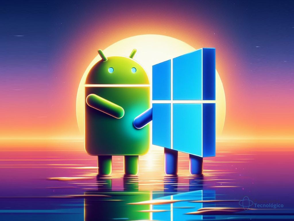 Android e Microsoft. Imagem: ilustração gerada por IA no Copilot.