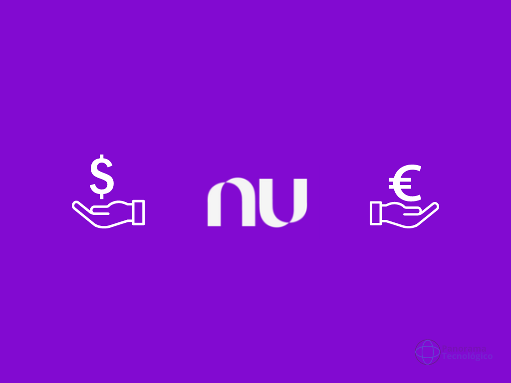 Logotipo Nubank com símbolos das moedas dólar e euro representando o Conta Global para clientes Ultravioleta. Imagem: ilustração Panorama Tecnológico.