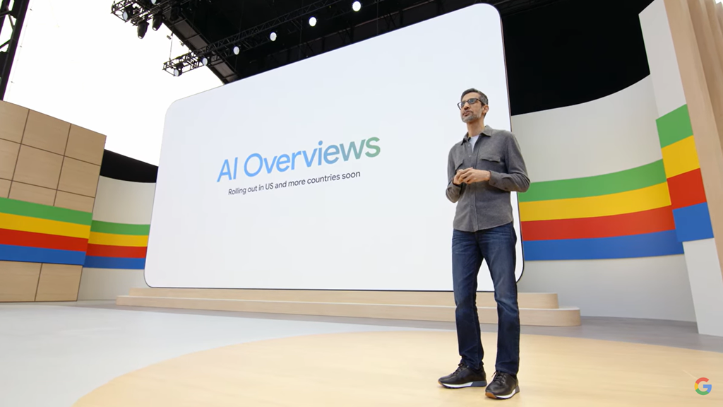 Apresentação do Google AI Overviews no evento Google I/O. Imagem: reprodução.
