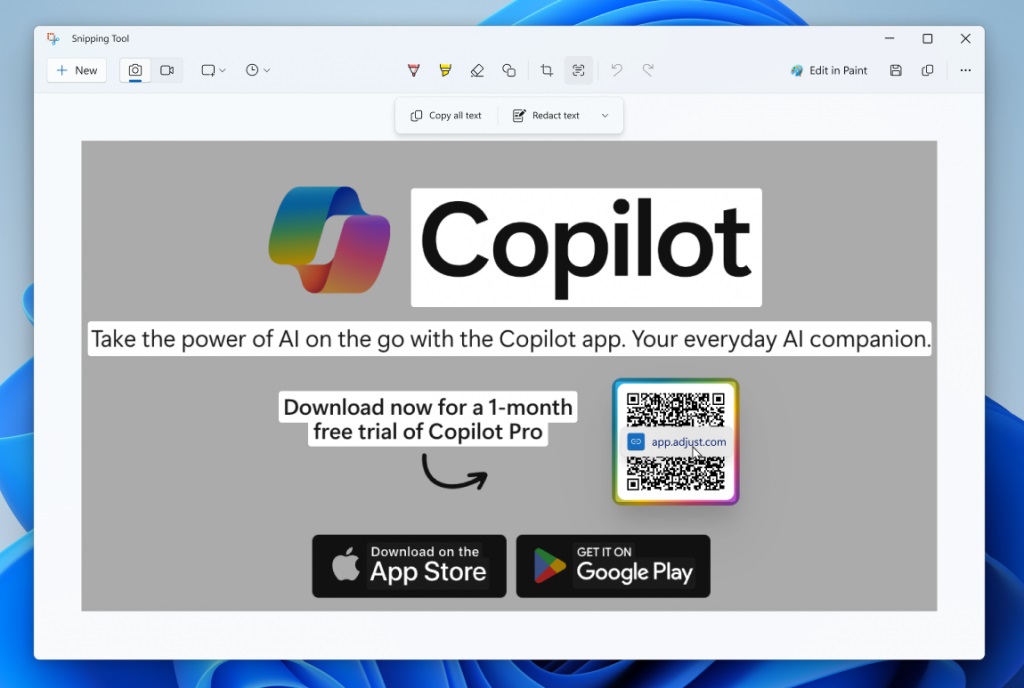 Detecção de QR Code em captura de tela no Windows 11. Imagem: divulgação Microsoft.