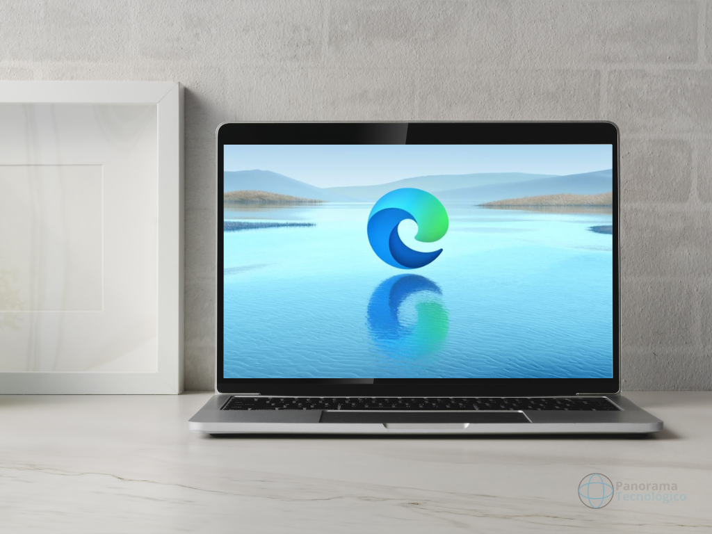Logotipo Microsoft Edge sobre um lado. Imagem: ilustração Panorama Tecnologico.
