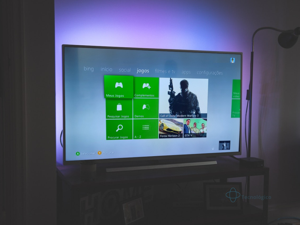 TV mostrando dashboard do Xbox 360. Imagem: ilustração Panorama Tecnológico.