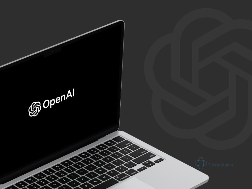 Logotipo OpenAI em tela de notebook. Imagem: ilustração Panorama Tecnológico.