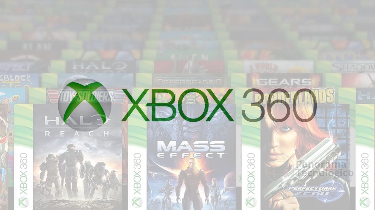 Logo Xbox 360 com imagem de capas de títulos enfileiradas. Imagem: ilustração Panorama Tecnológico.