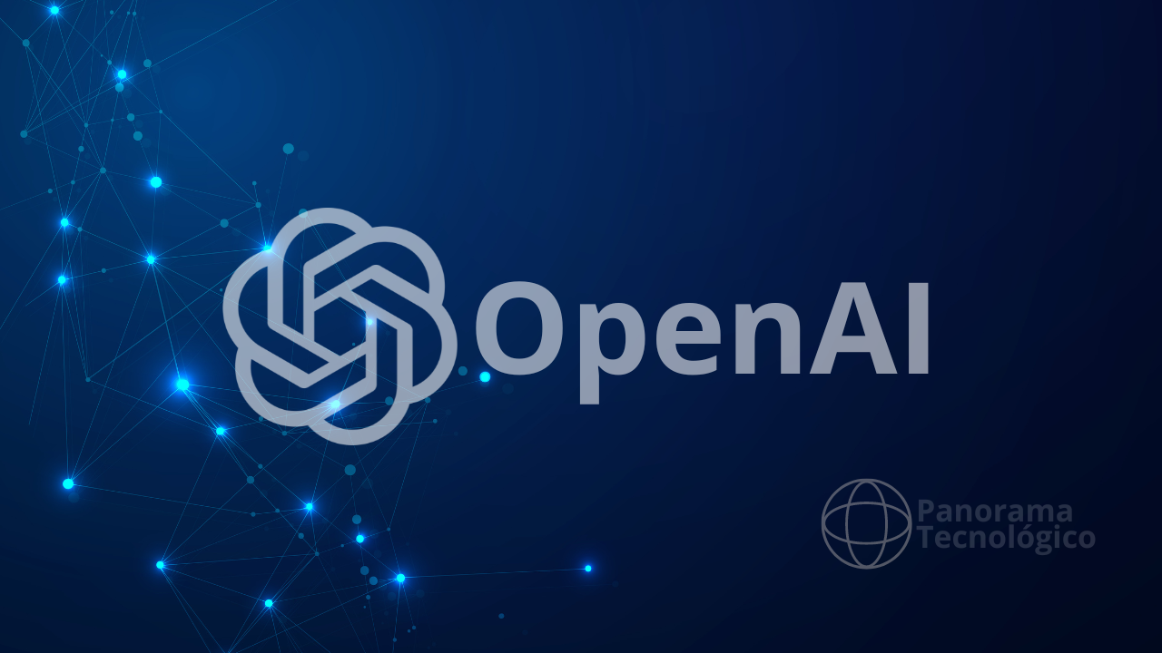 Logotipo OpenAI com o nome da empresa e um fundo azul degradê em tom escuro. Ao fundo, pequenos pontos brilhantes formando uma interconexão. Imagem: ilustração Panorama Tecnológico.