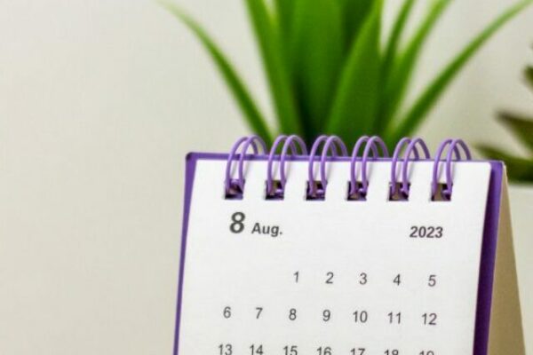 Imagem de uma mesa moderna com um relógio digital mostrando 9:00, um calendário flip aberto no mês de agosto de 2023, e dois vasos de plantas verdes. O fundo é neutro e desfocado, destacando os itens na mesa