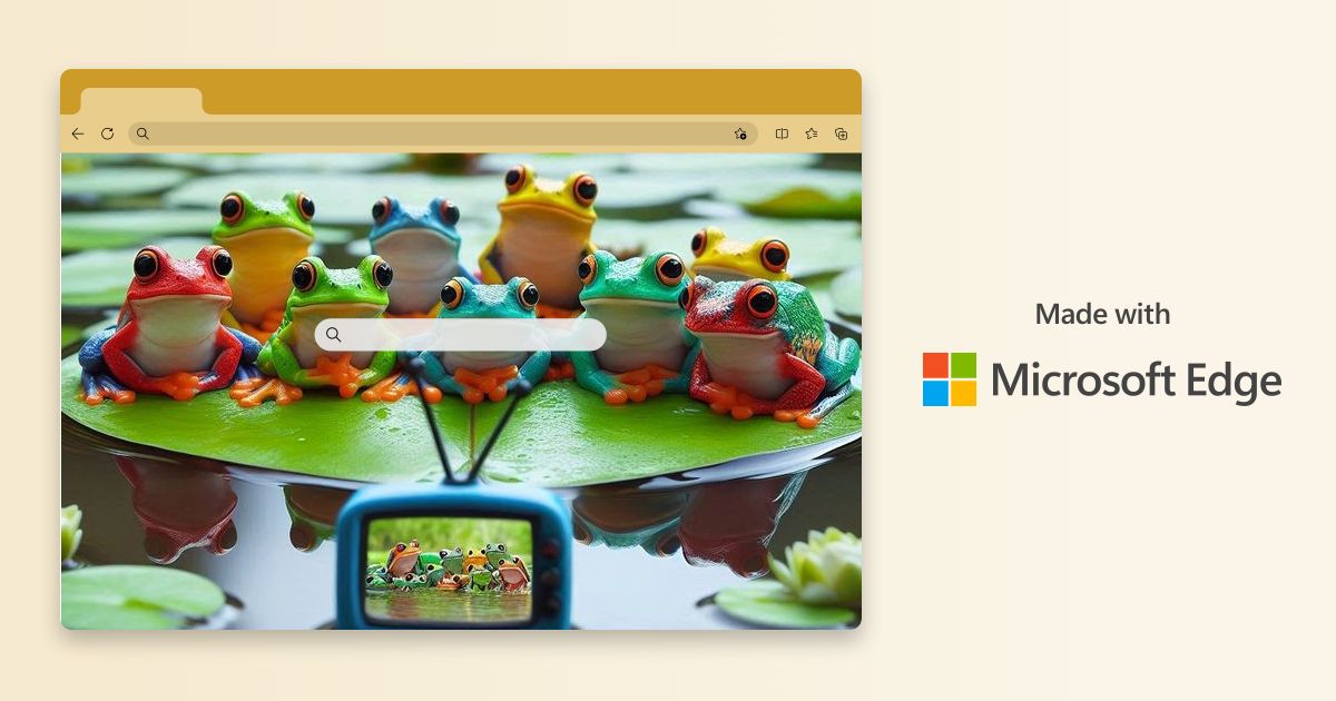 Sapos em foto realística assistindo a TV juntos. Tema do Microsoft Edge gerado com IA.