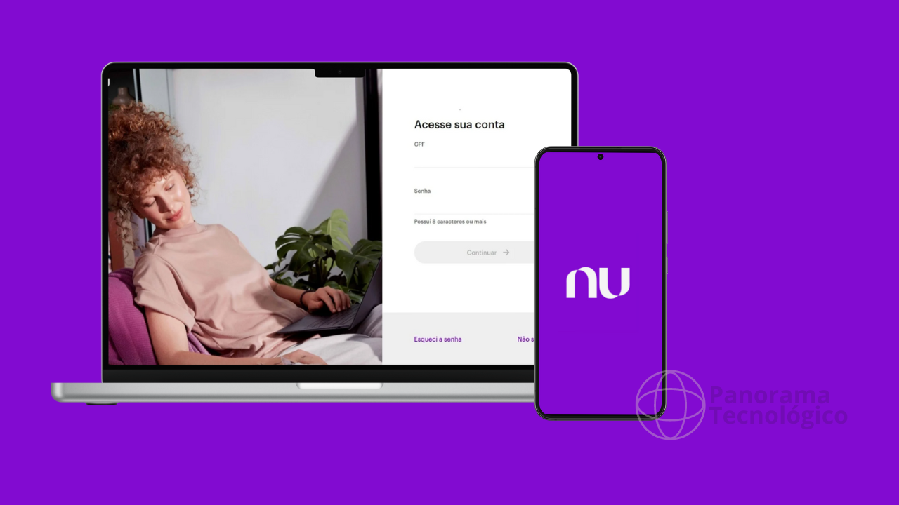 Notebook com a tela de login da conta do Nubank e um smartphone mostrando o logotipo Nubank com fundo roxo. Imagem: ilustração Panorama Tecnológico.