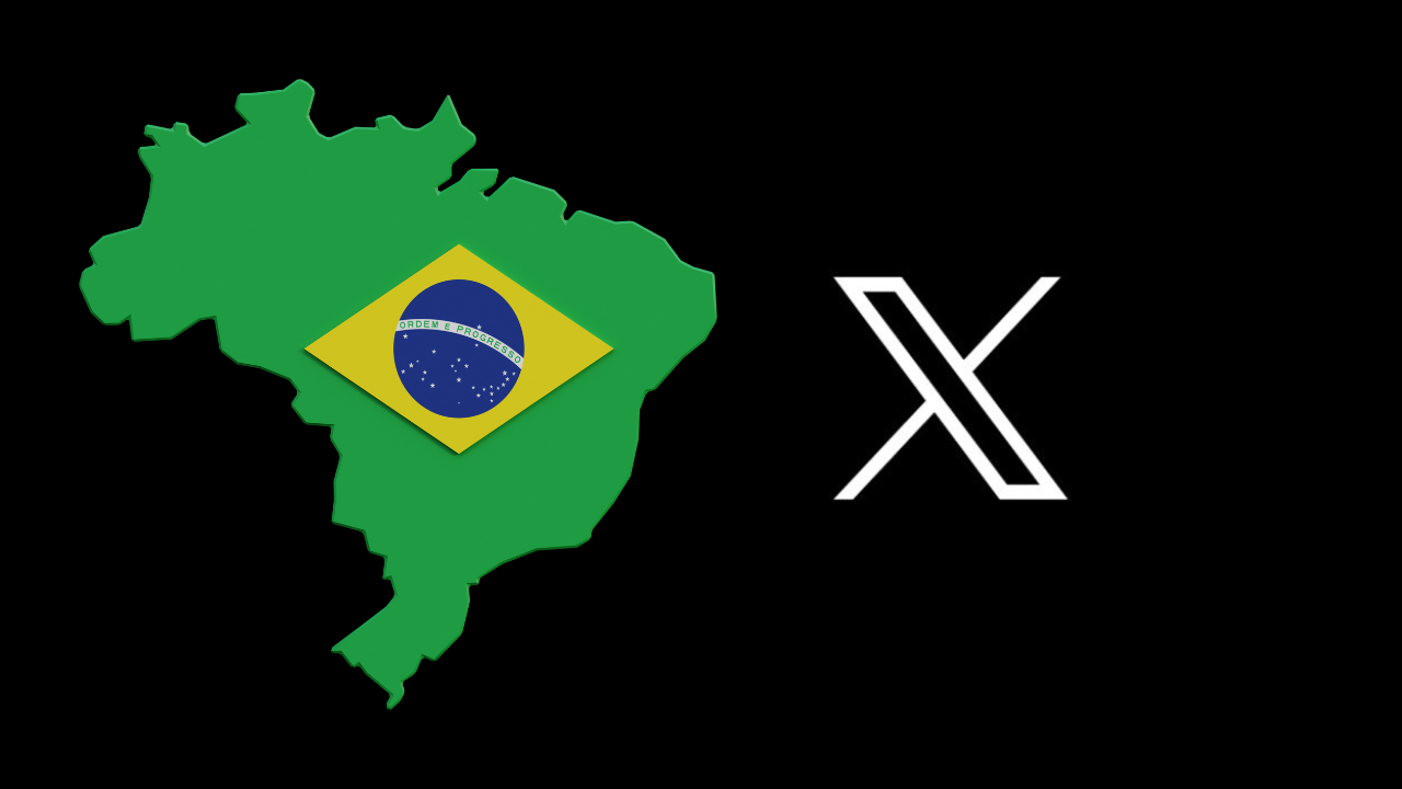 Fundo preto com um mapa do Brasil verde e o logotipo da rede social X, antigo Twitter ao lado. Imagem: ilustração Panorama Tecnológico.