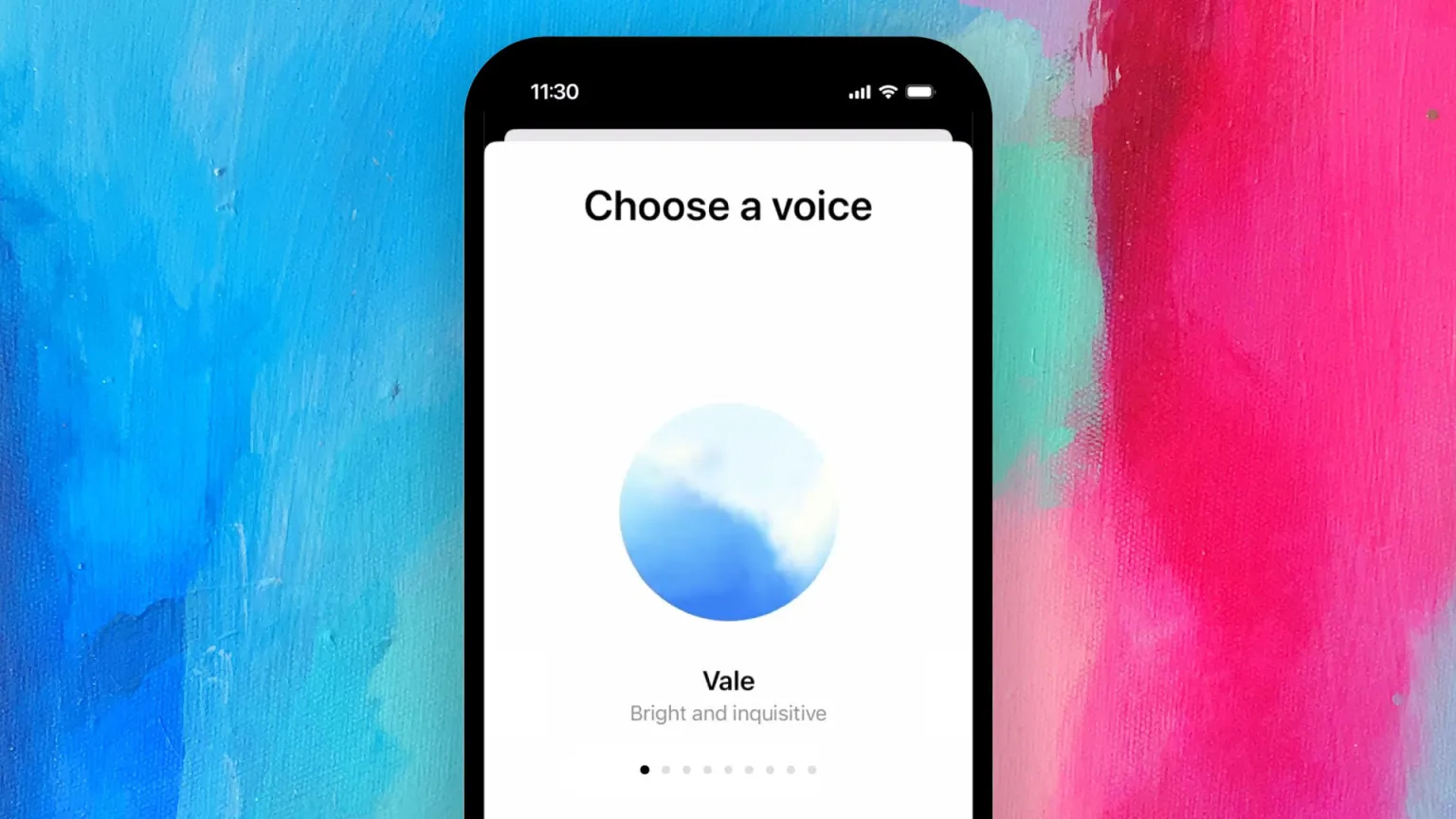 A imagem mostra a tela de um smartphone com o aplicativo ChatGPT aberto em uma nova interface intitulada “Escolha uma voz.” Há uma opção visível, com o nome “Vale” descrito como “Brilhante e inquisitiva.” O fundo da tela do smartphone é branco, e o telefone está centralizado contra um fundo com amplas pinceladas de tinta azul e rosa.