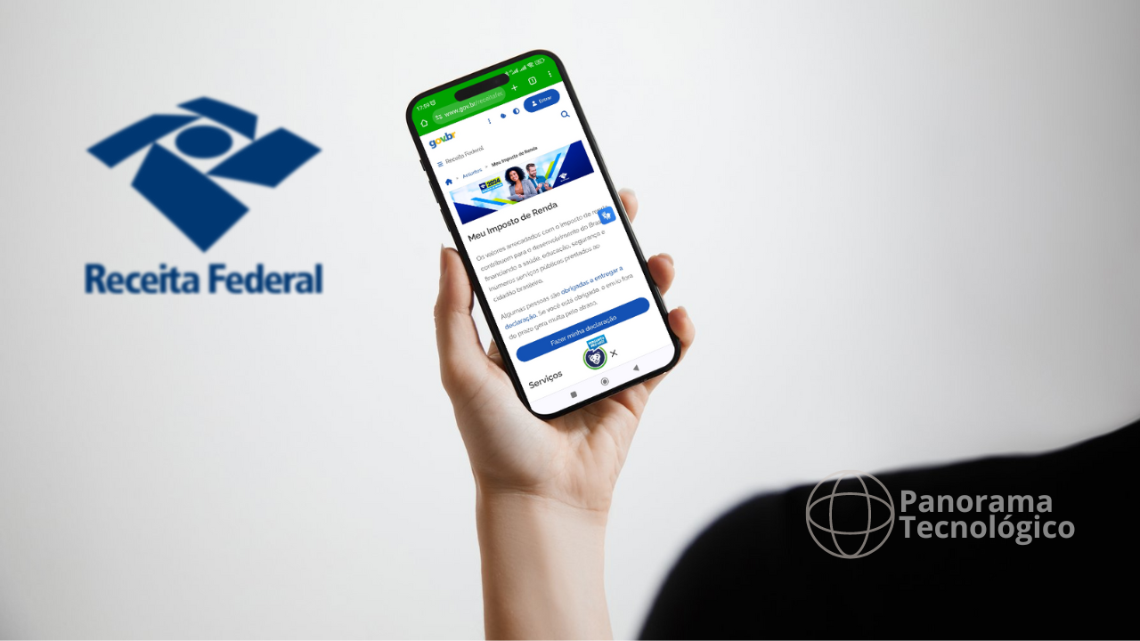 A imagem mostra uma mão segurando um smartphone, mostrando na tela o aplicativo Meu Imposto de Renda. Imagem: ilustração Panorama Tecnológico.