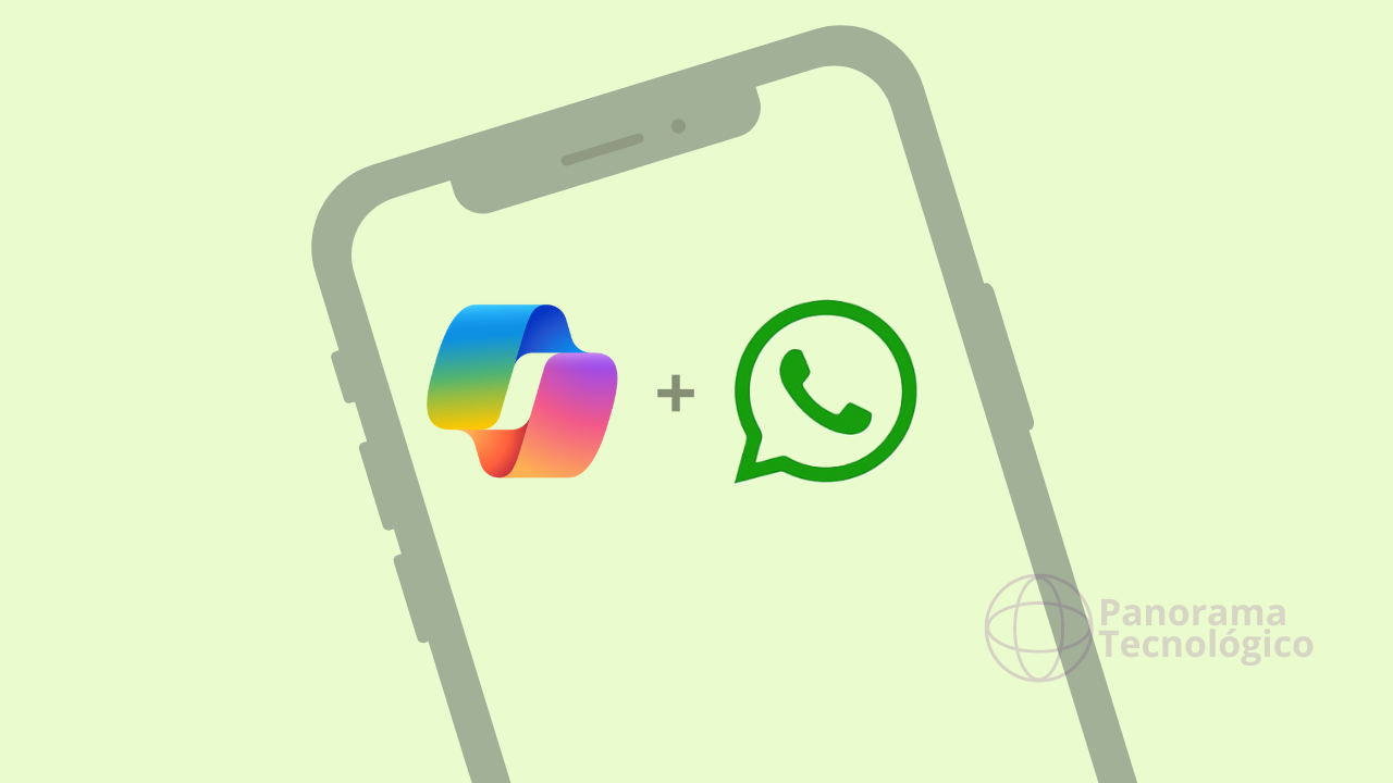 A imagem mostra um vetor das bordas de um smartphone em tom cinza sobre um fundo bege claro. No centro, os logotipos do Microsoft Copilot e do WhatsApp com um símbolo de adição entre os dois. A imagem representa a ideia de junção das duas ferramentas. Imagem: ilustração Panorama Tecnológico.