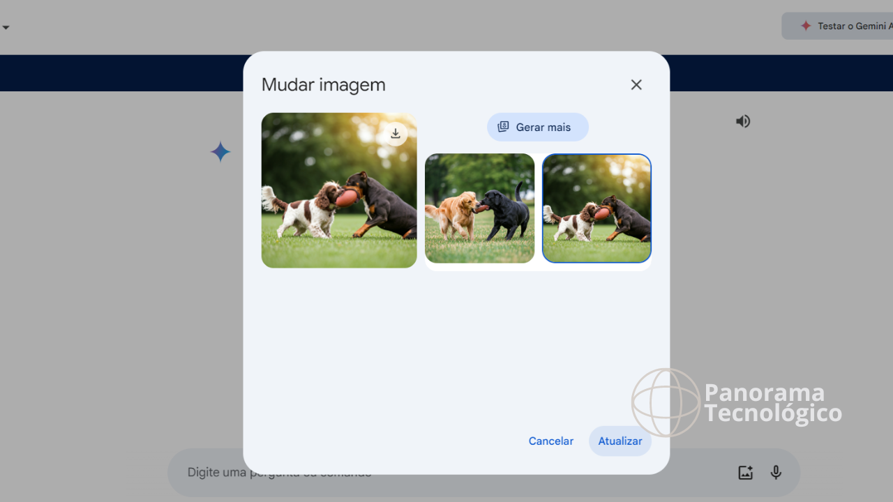 A imagem mostra um print da interface web do Google Gemini gerando duas imagens de cachorros brincando com uma bora de futebol americano. Imagem: reprodução.