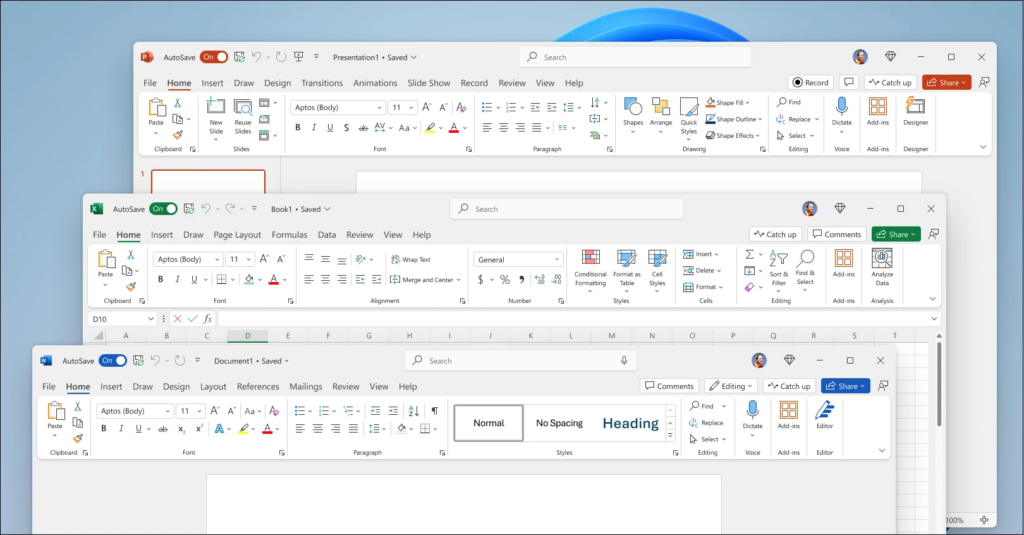 A imagem mostra três recortes da barra de menus do Microsoft Word, Excel e PowerPoint na versão do Office 2024. O plano de fundo sugere o papel de parede do Windows 11. Imagem: Microsoft divulgação.