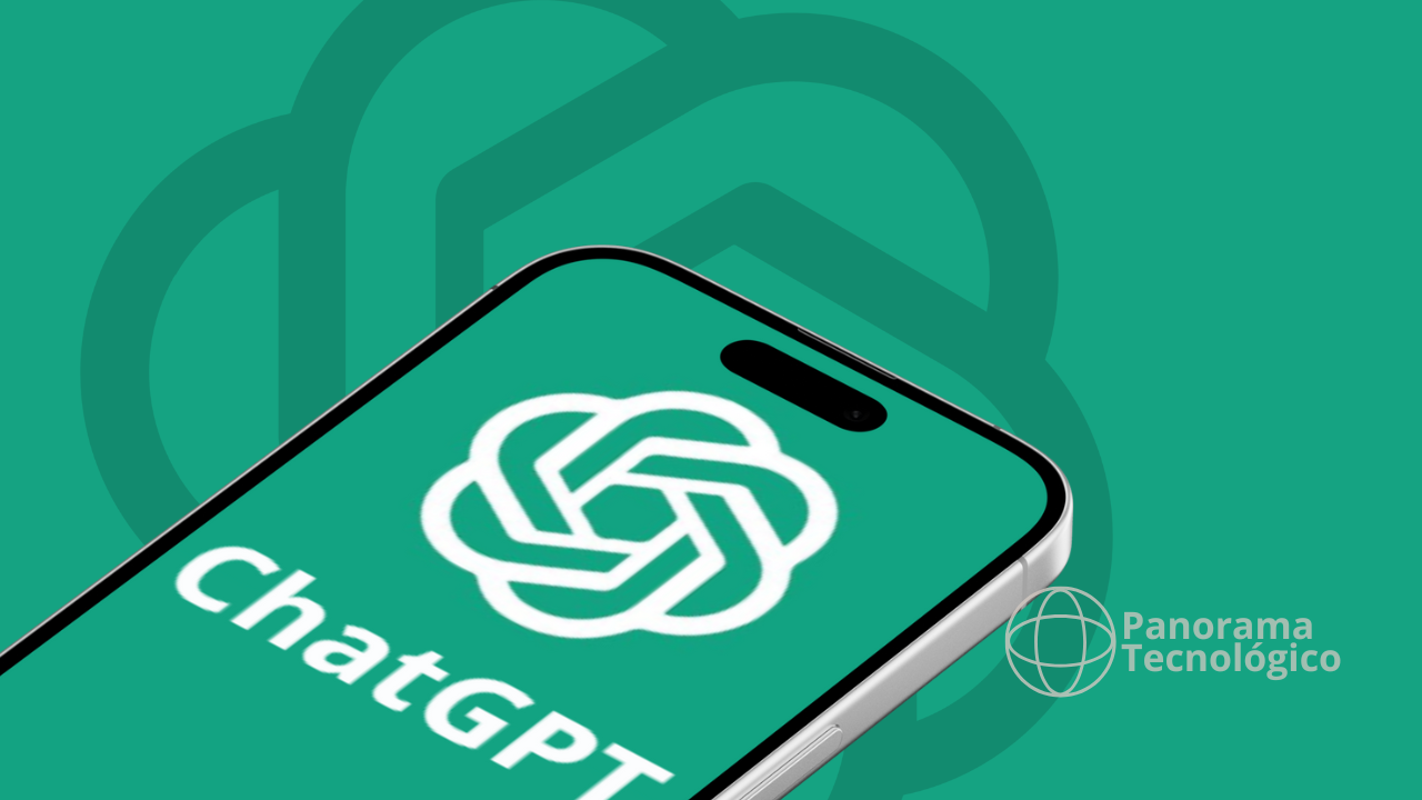 A imagem mostra uma ilustração de um smartphone exibindo o logotipo da OpenAI e o nome ChatGPT na cor branca em um fundo verde. Ao fundo, o mesmo tom de verde e o logotipo da OpenAI em tom cinza claro. Imagem: ilustração Panorama Tecnológico.