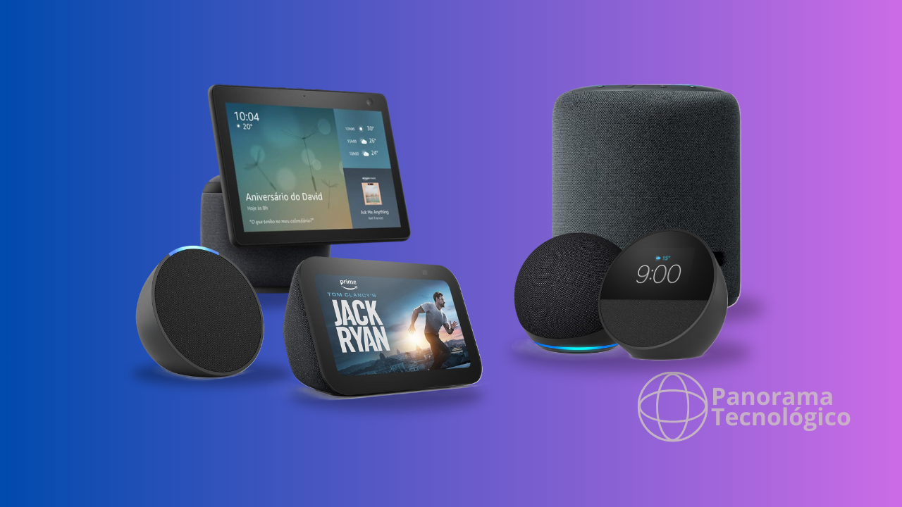 Dispositivos inteligentes Amazon com Alexa exibida contra um fundo em gradiente azul a roxo. Os dispositivos incluem uma tela inteligente mostrando uma previsão do tempo e um lembrete para 'Aniversário do David', uma tela menor reproduzindo 'Tom Clancy's Jack Ryan', um alto-falante inteligente cilíndrico e dois alto-falantes esféricos, um dos quais exibe a hora '9:00' e a temperatura '15°C'. O logotipo 'Panorama Tecnológico' é visível no canto inferior direito.