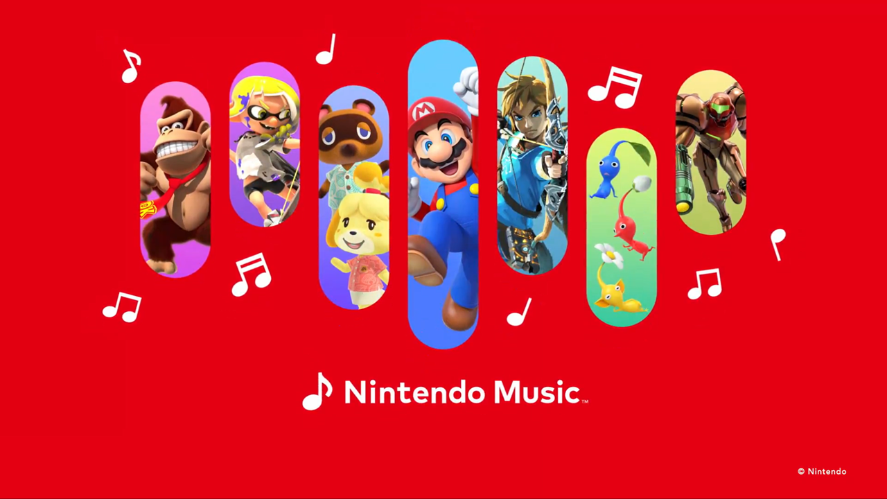 Descubra o novo app Nintendo Music com esta vibrante ilustração que destaca personagens icônicos como Donkey Kong, Mario, Link e outros, celebrando a música dos seus jogos favoritos. Imagem: Nintendo divulgação.