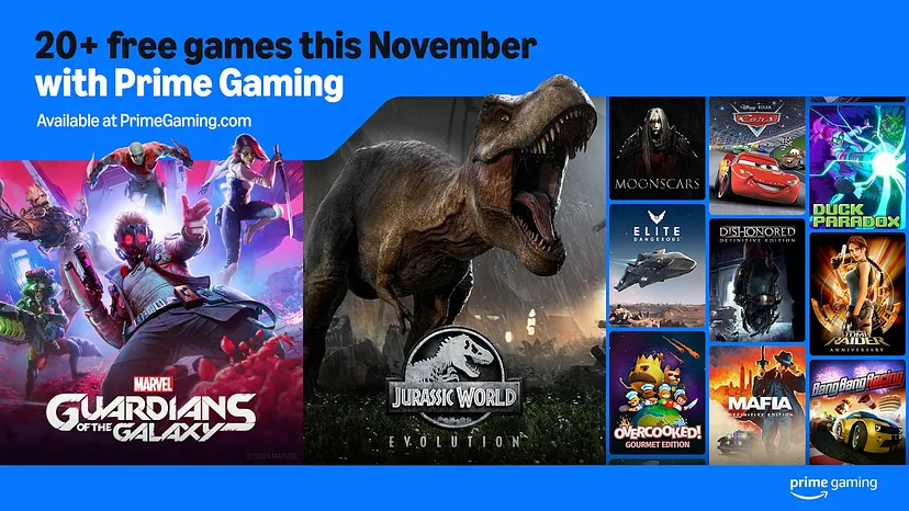 A imagem mostra uma promoção do Prime Gaming oferecendo mais de 20 jogos gratuitos em novembro. No lado esquerdo, há imagens destacadas de dois jogos principais: "Marvel Guardians of the Galaxy" e "Jurassic World Evolution". No lado direito, há miniaturas de outros jogos incluídos na promoção, como "Moonscars", "Cars", "Duck Paradox", "Elite Dangerous", "Dishonored: Definitive Edition", "Overcooked! Gourmet Edition", "Mafia", "Bang Bang Racing" e "Star Wars: The Force Unleashed". No topo da imagem, há um texto que diz "20+ free games this November with Prime Gaming" e, na parte inferior direita, há o logotipo do Prime Gaming. A imagem é interessante e relevante porque destaca uma oferta de jogos gratuitos para assinantes do Prime Gaming, atraindo a atenção dos jogadores. Créditos: Prime Gaming.