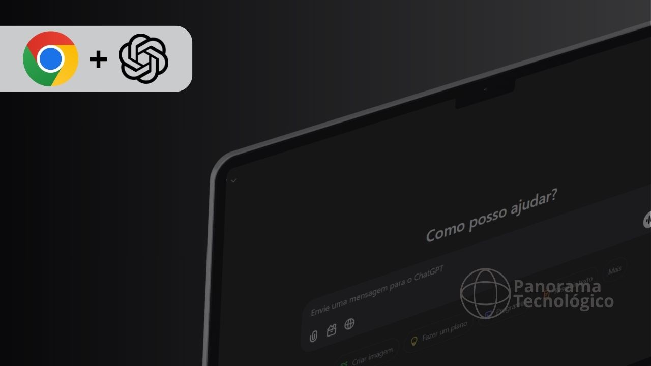 Imagem mostrando a integração do Google Chrome com o ChatGPT. No canto superior esquerdo, há o logotipo do Google Chrome ao lado do logotipo do ChatGPT. Na parte inferior direita, uma tela de dispositivo exibe a interface do ChatGPT com a mensagem 'Como posso ajudar?' e o logotipo 'Panorama Tecnológico'.