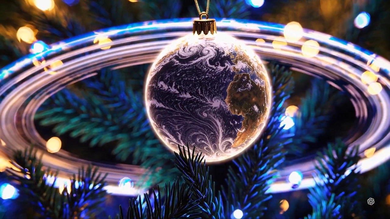 Imagem mostrando um ornamento de árvore de Natal desenhado para se parecer com o planeta Terra, completo com padrões de nuvens detalhados e massas terrestres. O ornamento está pendurado em um galho de árvore de Natal, que está decorado com luzes coloridas. Ao redor do ornamento da Terra, há anéis que lembram os de Saturno, adicionando um toque único e imaginativo à decoração. Esta imagem é interessante porque combina o tema festivo do Natal com um elemento astronômico, criando uma decoração de feriado visualmente marcante e criativa. Créditos: Divulgação/OpenAI.