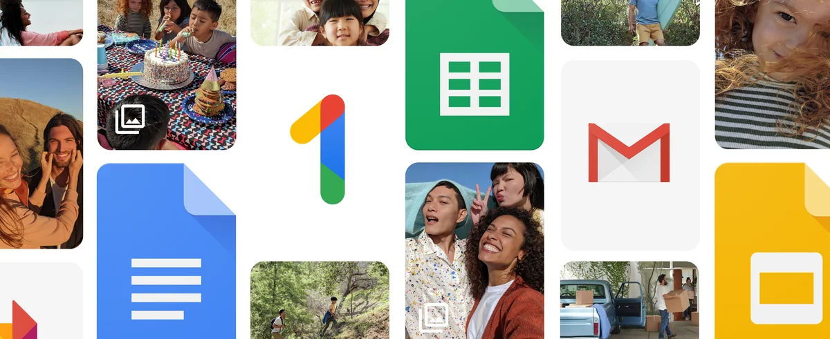 A imagem mostra uma colagem de fotos e ícones de aplicativos do Google. No centro, há um grande número '1' colorido, que é o logotipo do Google One. Ao redor do logotipo, há ícones de aplicativos como Google Docs, Google Sheets, Google Slides e Gmail. Além disso, há várias fotos de pessoas em diferentes situações, como comemorando um aniversário, caminhando na natureza e carregando caixas. Esta imagem é interessante e relevante porque representa a integração dos serviços do Google One com outros aplicativos do Google, destacando a conectividade e a utilidade desses serviços para os usuários. Créditos: divulgaçao/Google.