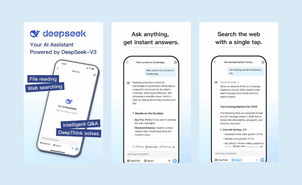 Esta imagem mostra a interface do assistente de IA chamado DeepSeek, alimentado pela versão DeepSeek-V3. Está dividida em três seções principais:Esquerda: Logotipo do DeepSeek e uma breve descrição: