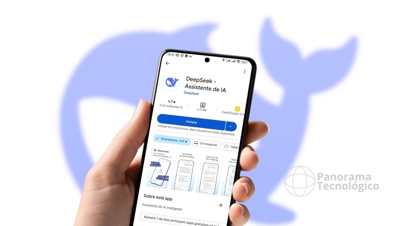 Imagem mostrando uma mão segurando um smartphone que exibe a tela de instalação do aplicativo 