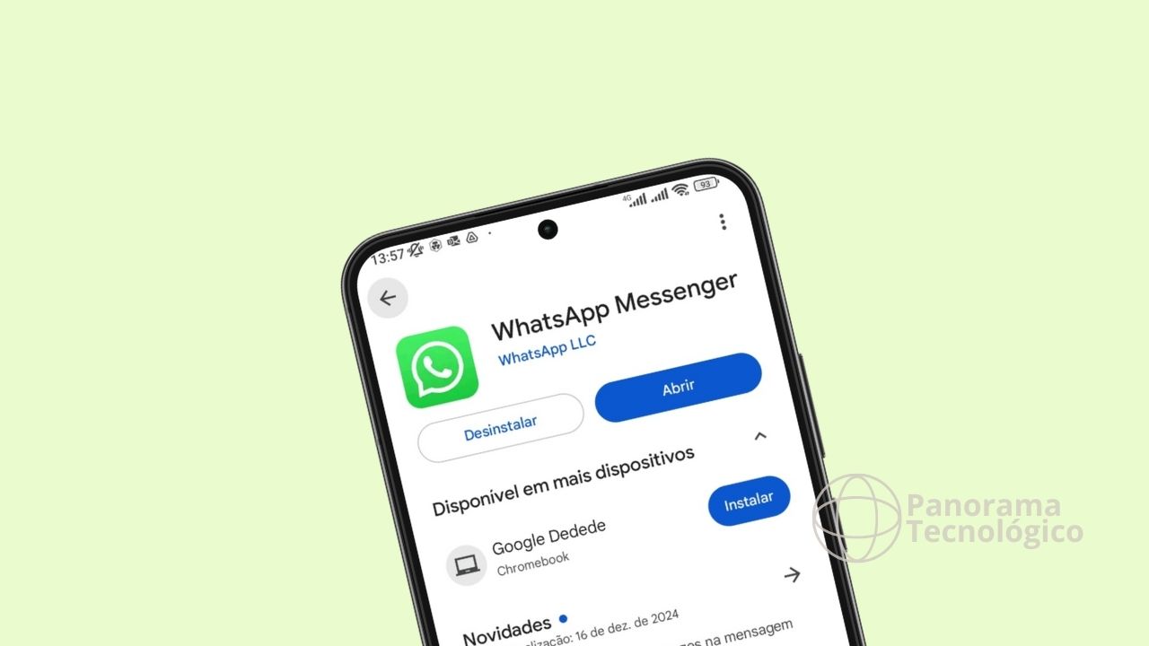 Tela de smartphone mostrando a página do aplicativo WhatsApp Messenger na Google Play Store, com opções para desinstalar e abrir o aplicativo, além de instalar em outros dispositivos como Chromebook. Imagem: ilustração Panorama Tecnológico.